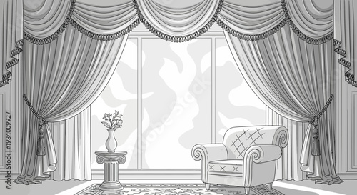 Elegant classic interior with ornate drapery, large window, comfortable armchair, and sophisticated decor. Luxury room design illustration.