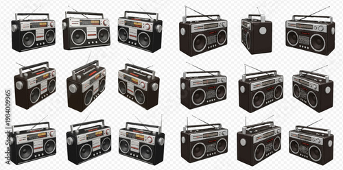 Collection of vintage boomboxes in various angles, retro portable stereo cassette players for music and entertainment.