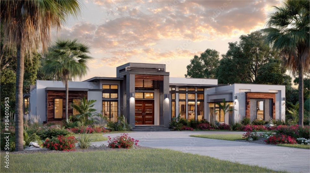 Fototapeta premium Modern luxury home exterior design at sunset with lush landscaping and palm trees