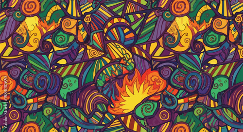 A colorful abstract artwork with swirling patterns and a central flame