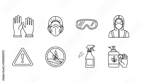 Pesticide safety protection outline icon set chemical handling vector