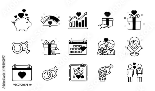 Romantic growth love saving icon set emotional value vector