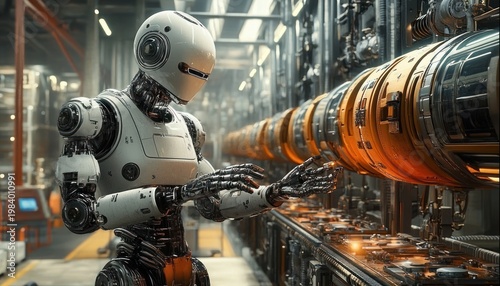 humanoid robot inspecting orange cylindrical machinery on an industrial assembly line, focused and meticulous