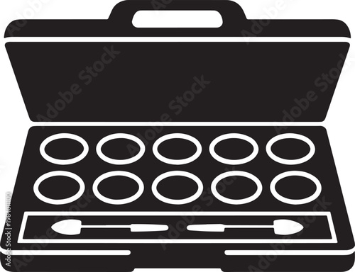 Black makeup case with brushes and empty makeup pans