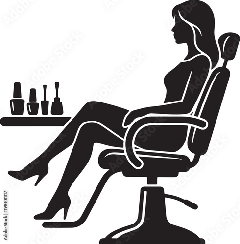 Woman sitting in a salon chair with nail polish bottles on a table