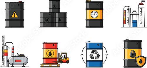 Oil and Gas Industry Icon Set with Petroleum Barrels, Refinery Tanks, Fuel Storage, and Laboratory Testing for Energy Sector, Industrial Safety, and Chemical Engineering Designs
