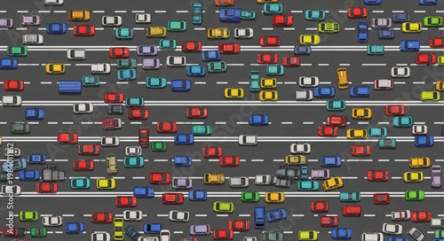 Busy highway traffic jam with many cars and trucks.