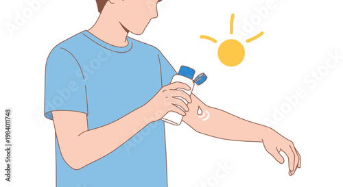 Man applying sunscreen, sun protection, skincare routine, vector illustration