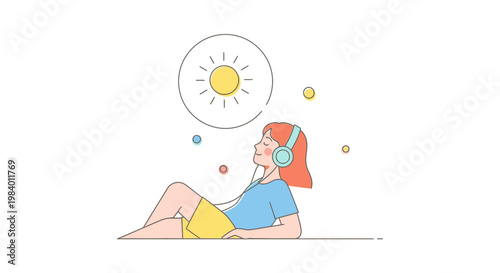 Relaxed woman, summer vibes, line art illustration, colorful, vector graphics
