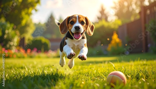 A playful dog jumps towards a ball in a sunny garden