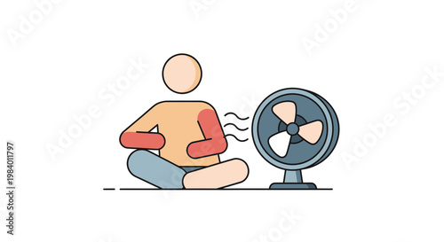 Heatwave, summer struggle, person sitting, fan blowing air