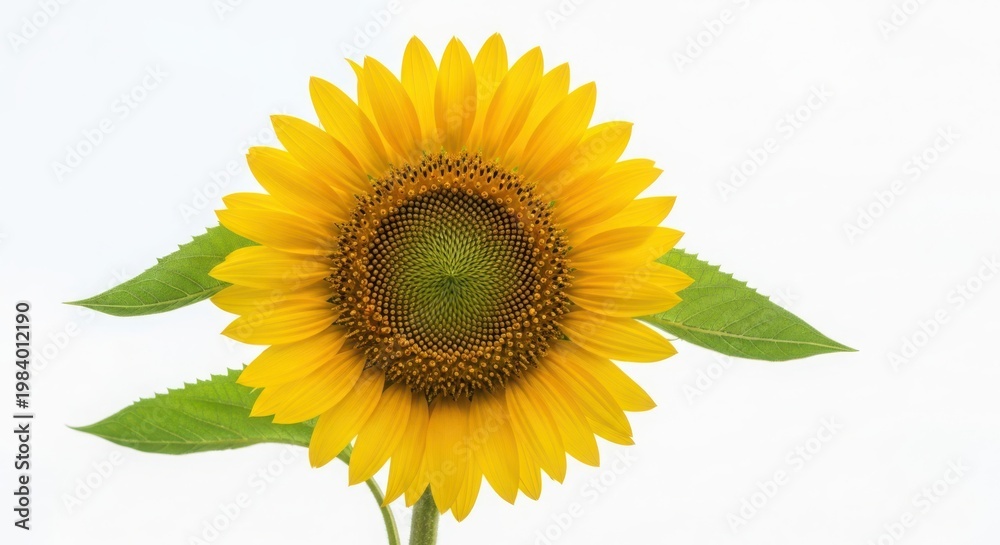 Obraz premium Vibrant sunflower with green leaves on white background
