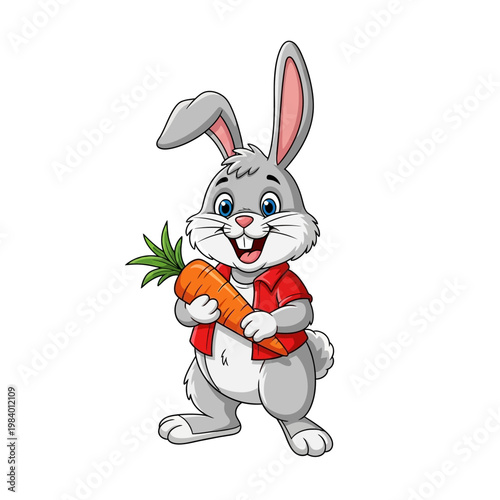 Cartoon rabbit holding big carrot.