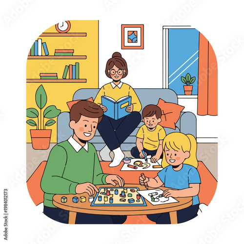 Family playing board games together indoors 1.