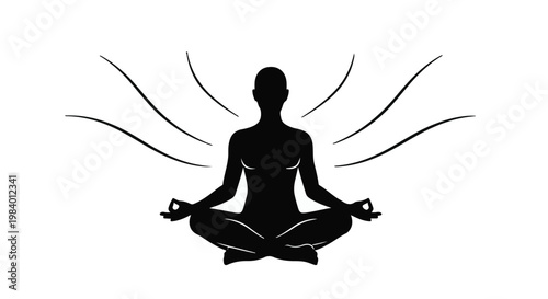 Serene silhouette meditating with radiating energy, symbolizing inner peace and mindfulness.