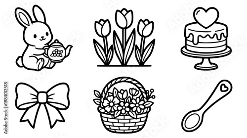 Black and white Easter illustration set with cute characters