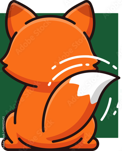 Cartoon fox with orange fur and white tail in a green frame.