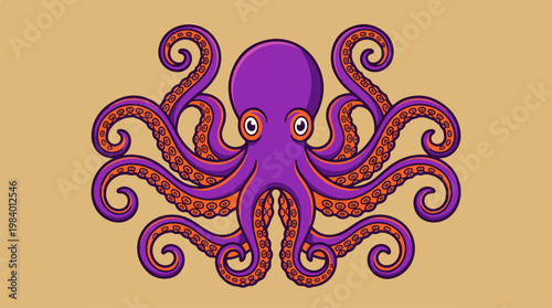 Cartoon illustration of a purple octopus with curly tentacles on a beige background.