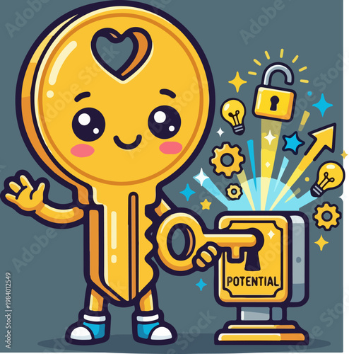 Cartoon key unlocking potential and revealing bright ideas.