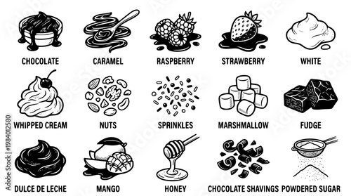 Ice cream toppings vector graphic illustration with various flavors