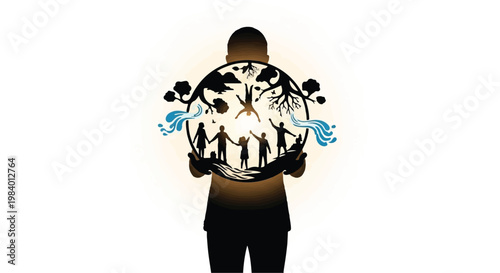 Person holding a glowing globe with diverse people and nature elements symbolizing unity and global connection