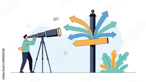 Strategic visionary looking through a telescope at a multi directional signpost to choose the best business growth path.