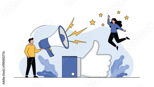 Marketing team celebrating high customer ratings with a megaphone and a giant thumbs up for excellent brand reputation.