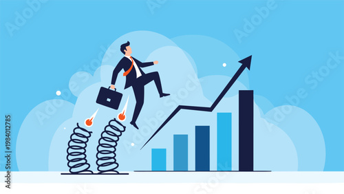 Motivated businessman jumping from springs to reach a rising financial growth bar chart, symbolizing rapid progress and success in business.