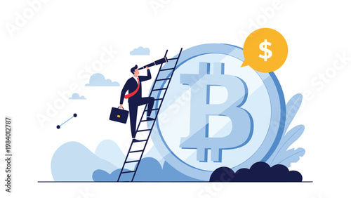 Businessman on a ladder looking through a telescope at a giant bitcoin coin, representing financial foresight and cryptocurrency market analysis.
