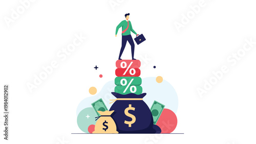 Businessman standing on a stack of percentage blocks above a bag of money, representing investment returns, interest rates, and wealth management.