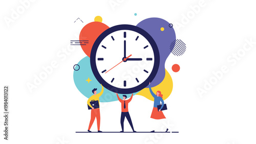 Group of business professionals supporting a giant clock together, representing teamwork, deadline management, and the collective value of time.