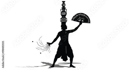 Silhouette of performer balancing stacked pottery while fanning