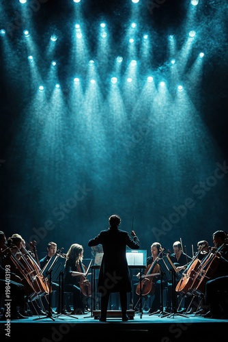 conductor leading a string orchestra under dramatic blue spotlights on stage, musicians focused and playing cellos and violins in a majestic intense concert atmosphere