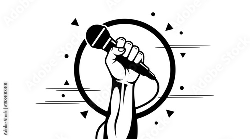 Hand holding microphone in a powerful gesture illustration