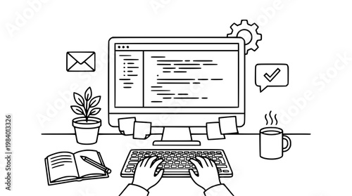 Person working on computer with office supplies and plant