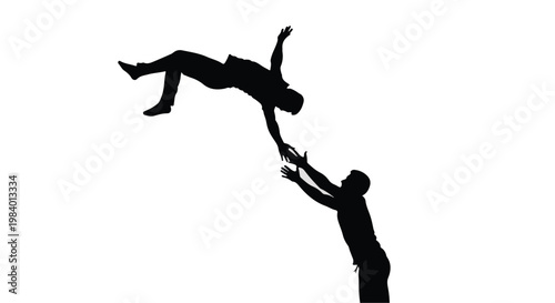 Silhouette of one person reaching out to catch another falling person, symbolizing trust and support.