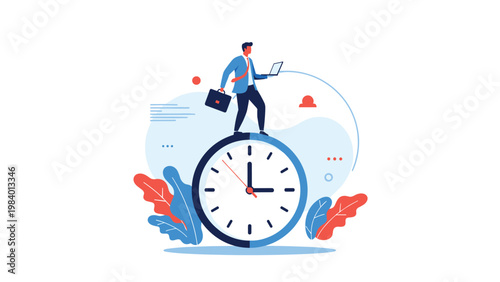 Businessman working on a laptop while standing on top of a giant clock, representing remote work, freelance freedom, and efficient time management.