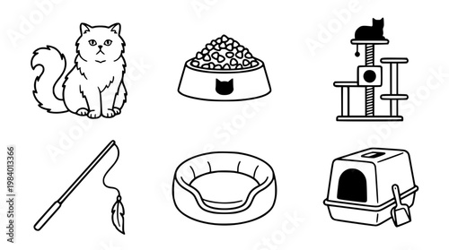 Cat and essential feline care items illustration graphic