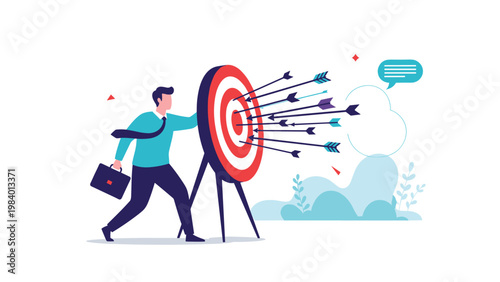 Determined businessman holding a giant shield to block many arrows hitting a bullseye target, representing protection of goals and risk management.
