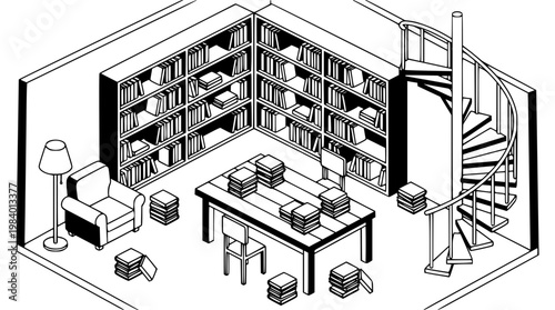 Black and white illustration of a cluttered office space