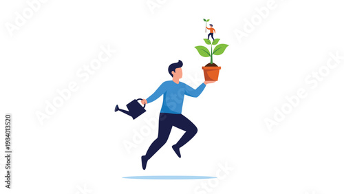 Person jumping while holding a watering can and a potted plant with another person inside, representing personal growth and nurturing talent at work.