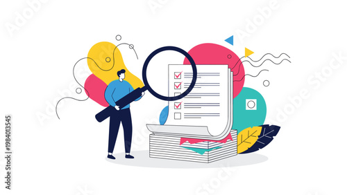 Professional man using a giant magnifying glass to check items on a long list, representing quality control, auditing, and detailed inspection.