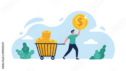 Man pushing a shopping cart full of gold coins while holding one coin up, representing high purchasing power, wealth, and successful commerce.