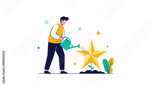 Person watering a plant that has grown into a giant golden star, representing the cultivation of excellence and rewarding long-term efforts.