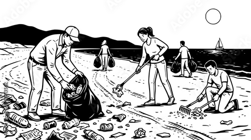 People cleaning up trash on a beach with volunteers