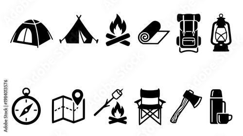 Camping icons set for outdoor adventure and travel planning