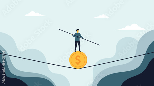 Fearless man balancing on a giant gold coin while walking a tightrope, representing the risks and careful balance required in financial investment.