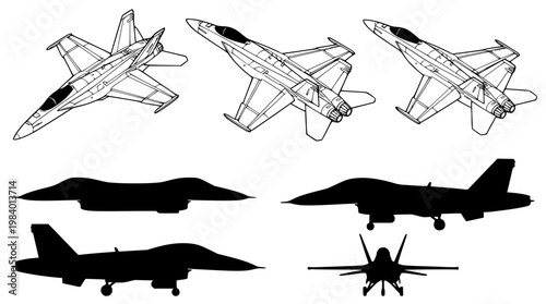 Vector illustration of fighter jet in multiple views