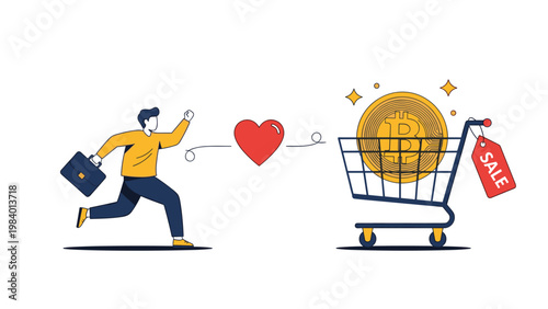 Person running toward a shopping cart with a giant bitcoin and a sale tag, representing cryptocurrency trading and the love for digital assets.