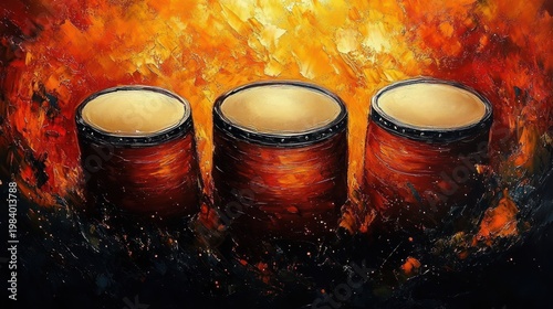 three conga drums against a fiery orange textured background with warm glowing light and energetic brushstrokes conveying passion and rhythmic energy